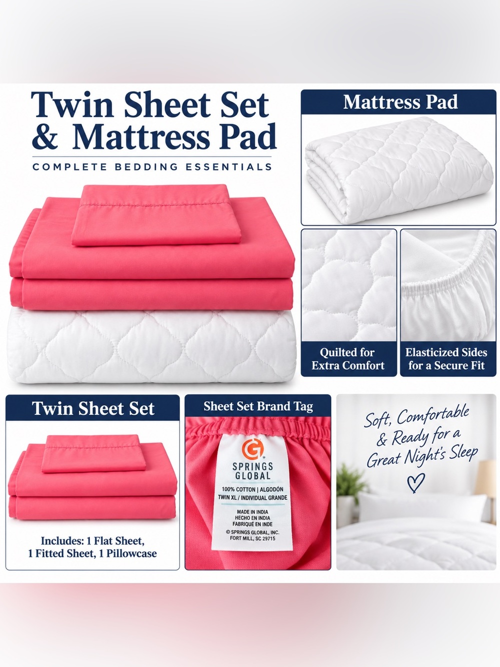 Twin Sheet Set & Mattress Pad - Coral Pink